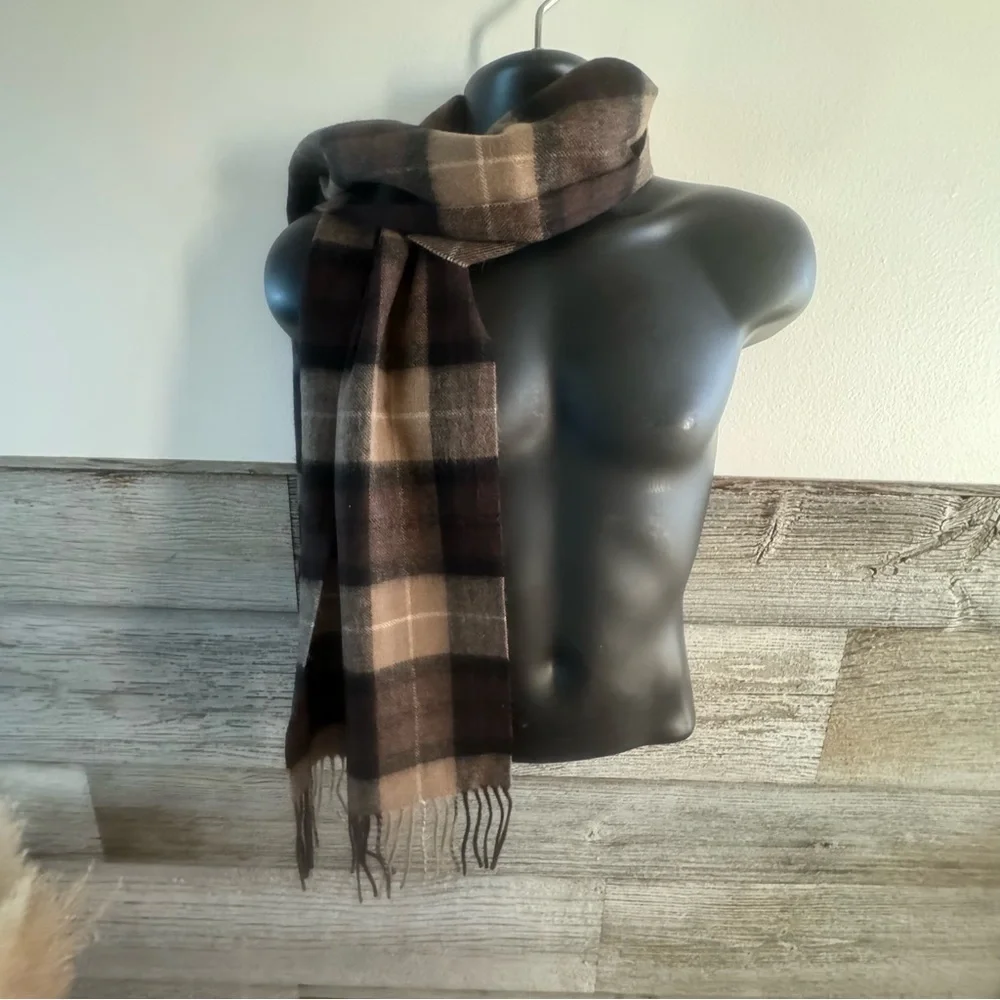 Pronto Uomo 100% Pure New Wool Chestnut Tan Brown Plaid Scarf Men